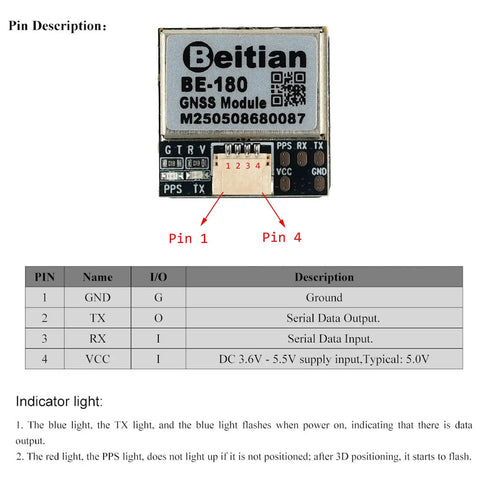 Pin diagram of BE 180 GPS Module With TTL Level Output And Ceramic Antenna for Arduino Raspberry Pi Pixhawk Flight Controllers.