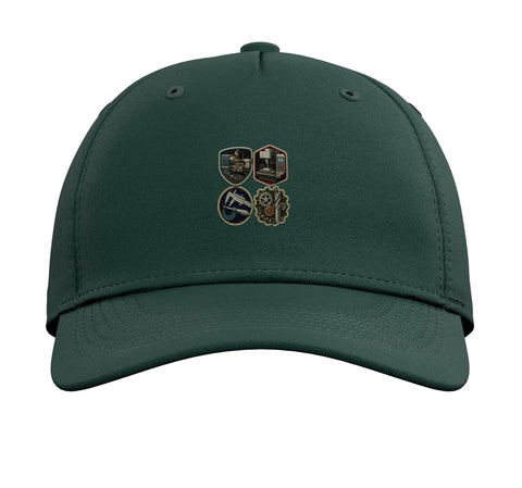 Cool Dark Green Machinist Baseball Hat With CNC Vise Gauge Square Printed Design, front view showcasing badges.