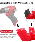Milwaukee M12 Battery And Tool Holder Wall Mount Rack 2 In 1 Storage, red ABS bracket with drill, easy installation guide.