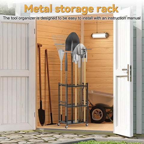 Heavy Duty Metal Garden Tool Organizer Rack With 35 Slots Locking Wheels And Hooks Rolling Yard Utility Holder Black