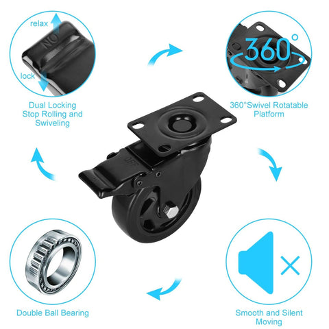 4 Inch Caster Wheels Set of 4 Heavy Duty Rubber Plate Casters Load Capacity Up To 1200lbs with Safety Brakes, lockable swivel, and silent operation indicators.