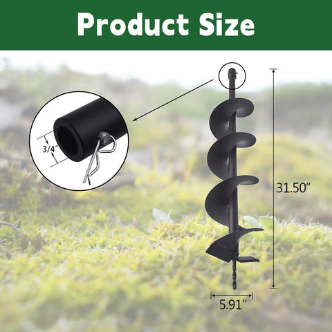 Beefy Heavy Duty Garden Auger Drill Bit 6 By 31.5 Inches Spiral Earth Auger For Post Holes Umbrella Holes And Landscaping With A 3 Quarter Inch Shaft Carbon Steel Black Powder Coat shown with dimensions.