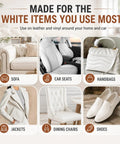 Image showcasing white items including sofa, car seats, handbags, jackets, dining chairs, and shoes for No Sweat Professional Leather And Vinyl Repair Kit.