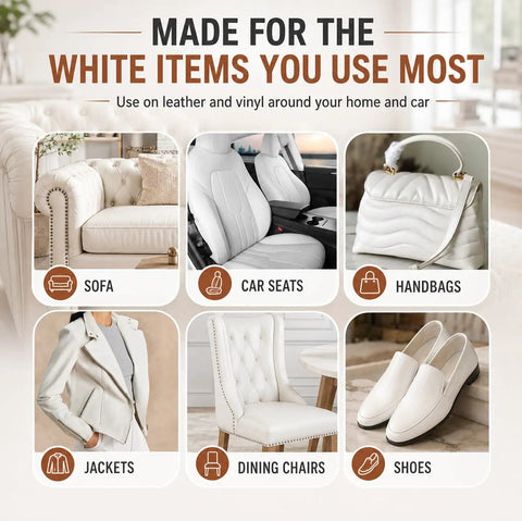Image showcasing white items including sofa, car seats, handbags, jackets, dining chairs, and shoes for No Sweat Professional Leather And Vinyl Repair Kit.