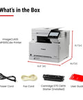 Image of Color Wireless Duplex Laser Printer All In One With Copier Scanner Fax And Auto Document Feeder Fast 22 PPM Easy Wireless Setup Perfect For Home Office Or Small Biz 3 Year Limited Warranty with included accessories: power cord, fax cord, ink cartridge, and user guide.
