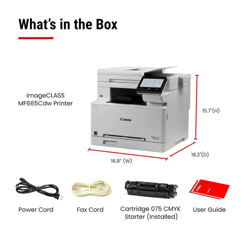 Image of Color Wireless Duplex Laser Printer All In One With Copier Scanner Fax And Auto Document Feeder Fast 22 PPM Easy Wireless Setup Perfect For Home Office Or Small Biz 3 Year Limited Warranty with included accessories: power cord, fax cord, ink cartridge, and user guide.