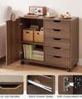 Total Game Changer Smooth Rolling 5 Drawer Wooden Filing Cabinet With Side Door And Adjustable Shelf Mobile Printer Stand Organizer For Home Office Bedroom Coffee Finish with open door revealing baskets and books.