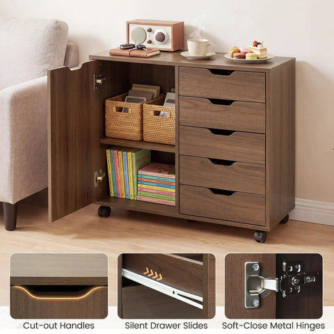 Total Game Changer Smooth Rolling 5 Drawer Wooden Filing Cabinet With Side Door And Adjustable Shelf Mobile Printer Stand Organizer For Home Office Bedroom Coffee Finish with open door revealing baskets and books.