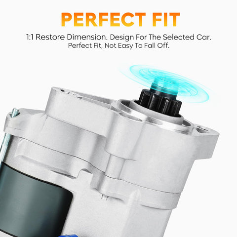Close-up of Beefy 3.4L Starter For Manual Transmission Fits Tacomas Tundras 4Runners And T100 V6 95 02 00 04 96 01 95 98 With Manual Transmission OEM Style Replacement For Models 228000-3750 228000-3753 28100-07010 28100-62050 410-52127 17707 showing silver finish and mounting details.