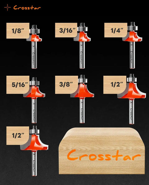 Pro Grade 7 Piece Top Bearing Roundover Router Bit Set With Quarter Inch Shank Carbide Inserts Two Flute Corner Rounding Bits