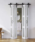 White Frosted Glass Bifold Barn Door 48x84 Inches With Hardware Kit Installed in Hallway