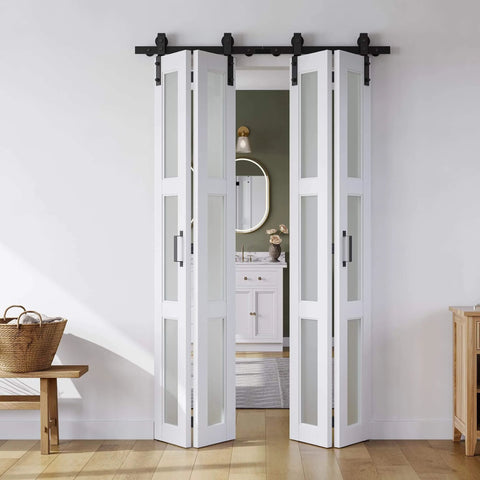 White Frosted Glass Bifold Barn Door 48x84 Inches With Hardware Kit Installed in Hallway