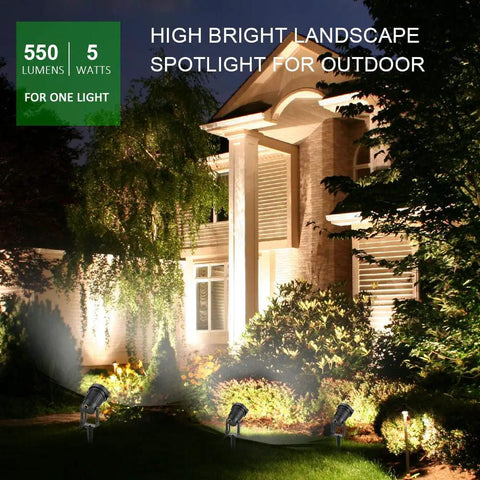 Bright 5W LED Landscape Spotlight Pack 120V Plug In Outdoor Garden Path Lights 550LM Waterproof Yard Tree Driveway Lighting 3000K Warm White Easy Install 6 Pack illuminating house façade.