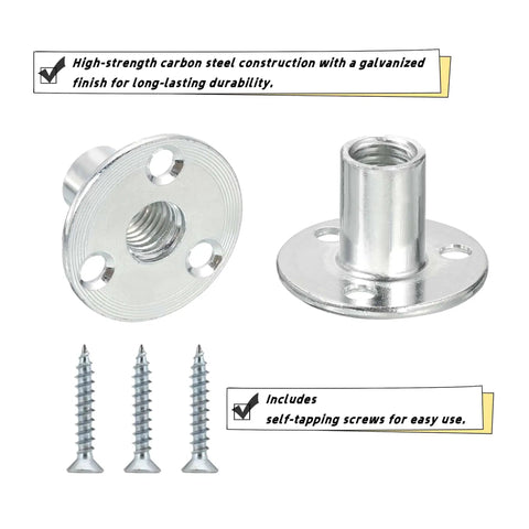 Rock Solid M12 Flange Tee Nuts With Matching Screws 10 Pack Zinc Plated Steel round base with screws for woodworking projects.