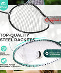 Badminton Set With Net And Portable Storage Box Includes Four Rackets And Four Shuttlecocks Ideal For Backyard Bash And Outdoor Yard Games Family Fun Easy Setup And Portable Recreation showing detailed close-up of steel badminton racket and shuttlecock.