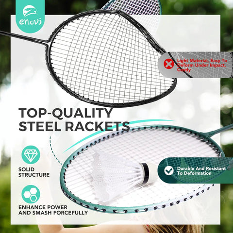 Badminton Set With Net And Portable Storage Box Includes Four Rackets And Four Shuttlecocks Ideal For Backyard Bash And Outdoor Yard Games Family Fun Easy Setup And Portable Recreation showing detailed close-up of steel badminton racket and shuttlecock.