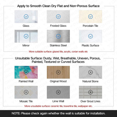 Guide to suitable surfaces for Stainless Steel Vacuum Suction Cup Shower Hooks Set, includes glass and tiles, excludes porous surfaces.