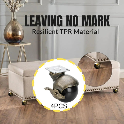 Four Pack Top Shelf Brass Ball Casters For Furniture Antique Finish Swivel Wheels With Secure Top Plate 1.5 Inch Heavy Duty Roller Units That Are Hella Smooth For Living Room Setups on a soft ottoman with TPR wheels.