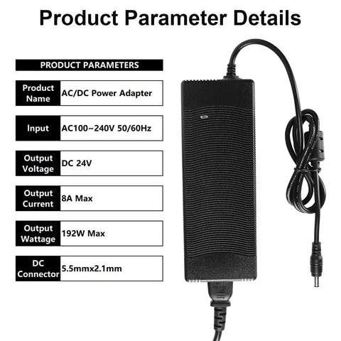 24V 8A Power Supply For Automotive Use From 100V To 240V AC To 24V DC 192W Output With 5.5mm 2.1mm DC Jack