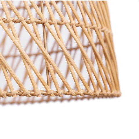 Close-up of bamboo rattan shade on Galen 2-Light Chandelier With Bamboo And Rattan Shade, White Canopy And Cord, Japandi Style.