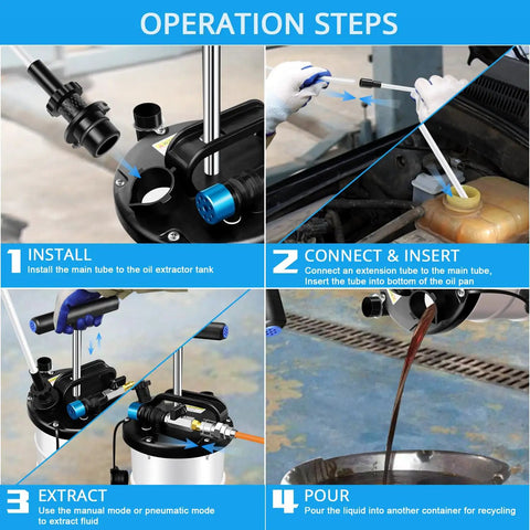 Operation steps for 6.5L Pneumatic And Manual Oil Extractor Pump Kit With Vacuum Change Evacuator, Extension Tubes, Brake Bleed Hose