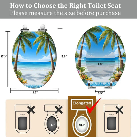 Elongated Toilet Seat Slow Close Quick Release Bathroom with ocean design, dimensions displayed for accurate fitting.