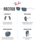 RB3768 Dope Sunglasses With Silver Frame And Dark Blue Lenses, Medium Fit, 129mm Hinge To Hinge, 56mm Lenses, Lightweight All Day Comfort.