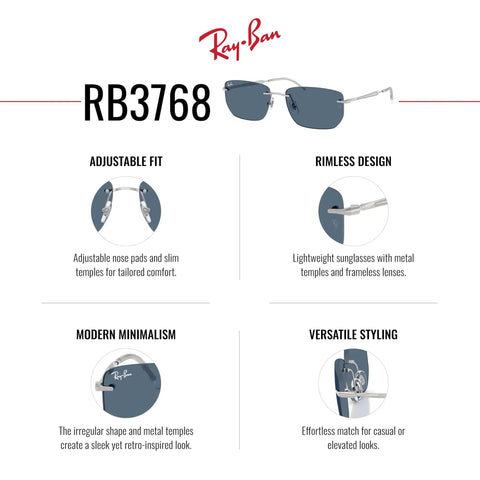 RB3768 Dope Sunglasses With Silver Frame And Dark Blue Lenses, Medium Fit, 129mm Hinge To Hinge, 56mm Lenses, Lightweight All Day Comfort.