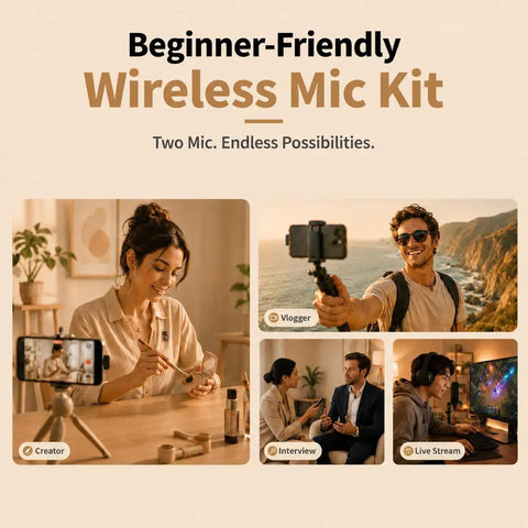 People using Mini Wireless Lavalier Microphone With AI Noise Cancellation, Dual Channel, for vlogs and interviews.