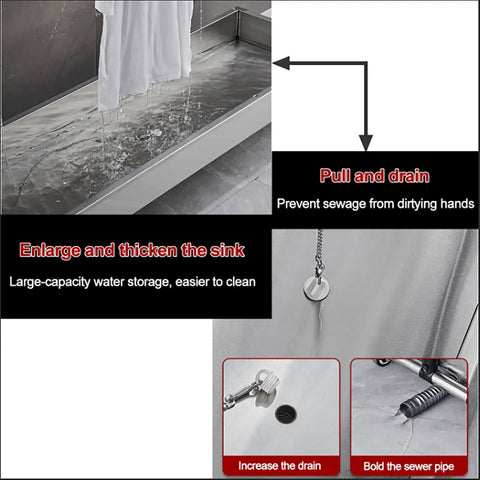 Image showing a large stainless steel sink with pull and drain functionality, anti-sewage design, and increased drain capacity.