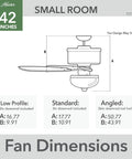 42 Inch Indoor Ceiling Fan With LED Light In Bronze, Pull Chain Operation, dimension diagram for standard mounting.