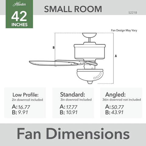 42 Inch Indoor Ceiling Fan With LED Light In Bronze, Pull Chain Operation, dimension diagram for standard mounting.