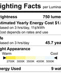 Lighting facts label showing brightness, energy cost, life expectancy, and appearance for Rock Solid Knockout Brightness 3 Inch Led Recessed Gimbal Spotlights.