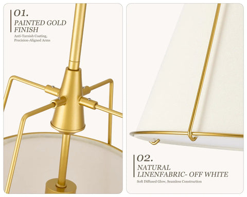Karjearl Gold Pendant Lights Kitchen Island, 12.2" Linen Drum Chandelier with painted gold finish and off-white linen shade.