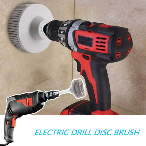 Two Pack White Bristle Discs 120 Grit, 2 Inch Abrasive Discs With 1/4 Shank For Rotary Tools attached to a power drill