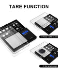 Pocket Size Digital Gram Scale With 0.01g Precision, 200g Capacity, showing tare function with stainless platform and LCD screen