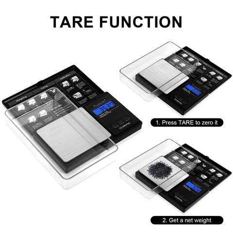 Pocket Size Digital Gram Scale With 0.01g Precision, 200g Capacity, showing tare function with stainless platform and LCD screen