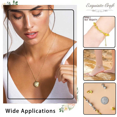 Woman wearing necklace with Magnetic Necklace Clasp Set With Double Lobster Clasps, strong extender for bracelets and necklaces.