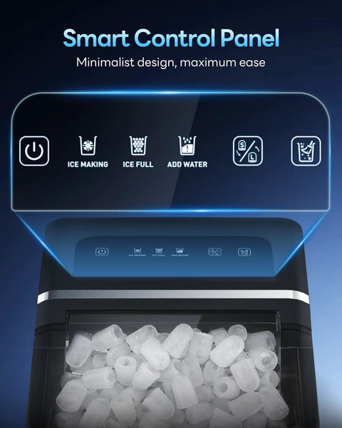 Smart control panel of Top Tier Countertop Ice Maker Chilling Drinks On The Fly With Dual Size Bullet Ice Producing Over Twenty Six Pounds Daily.