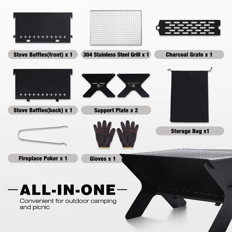 Portable Campfire Grill For Outdoors Large Folding Stainless Steel Fire Pit With Grill And Carry Bag Heavy Duty Charcoal BBQ parts layout