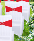 Red Spandex Chair Sashes 30 Pack Premium Stretch Bows With Buckle Slider Universal Elastic Chair Bands for wedding decoration on white chairs.