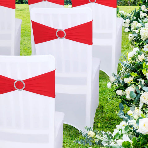 Red Spandex Chair Sashes 30 Pack Premium Stretch Bows With Buckle Slider Universal Elastic Chair Bands for wedding decoration on white chairs.
