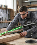 Man using Three Head Green Laser Level Kit With Rechargeable Battery, 520nm Cross And Linear Lasers, in woodworking shop
