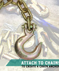Four Pack 3/8 Inch Grade 70 Forged Clevis Slip Hooks With Safety Latch 21600 Lbs Break Strength Heavy Duty Truck Tow Rigging Gear Built Like A Tank For Serious Hauling Jobs attached to chain for secure anchoring.