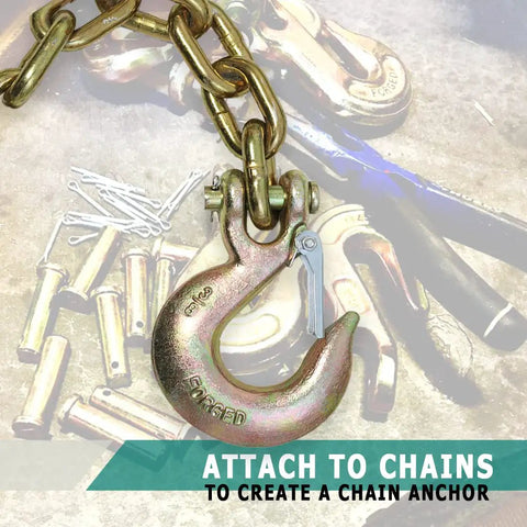 Four Pack 3/8 Inch Grade 70 Forged Clevis Slip Hooks With Safety Latch 21600 Lbs Break Strength Heavy Duty Truck Tow Rigging Gear Built Like A Tank For Serious Hauling Jobs attached to chain for secure anchoring.
