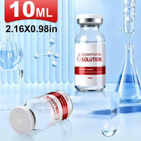 Two 10 mL reconstitution solution vials, ultra-clear glass, front view, for research use only.