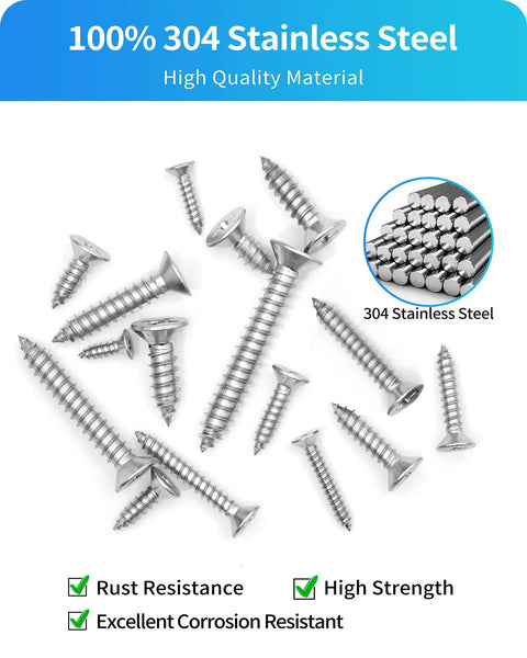 Assorted Hardcore 304 Stainless Steel screws, Phillips Flat Head, corrosion resistant, for wood and sheet metal, sizes from 3/8 to 2 inches.