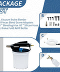 Package contents of Vacuum Brake Bleeder Kit With 2L Brake Fluid Extractor 1L Refilling Bottle Adapters And Pneumatic Bleeder Tool