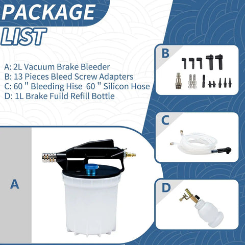 Package contents of Vacuum Brake Bleeder Kit With 2L Brake Fluid Extractor 1L Refilling Bottle Adapters And Pneumatic Bleeder Tool
