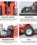 Close-up of Mini Skid Steer Loader HY480D 23HP V Twin Honda GX690 featuring hydraulic cylinder, quick hitch, seat, and tires